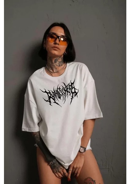 AYDOGANTICARET44 Unisex Bisiklet Yaka Baskılı Oversize T-Shirt - Beyaz