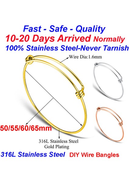60MM Tarzı Çelik Lot 100% Paslanmaz Çelik Kendin Yap Bilezik mm Takı Bulucu Genişletilebilir Ayarlanabilir Tel Bilezik (Yurt Dışından)
