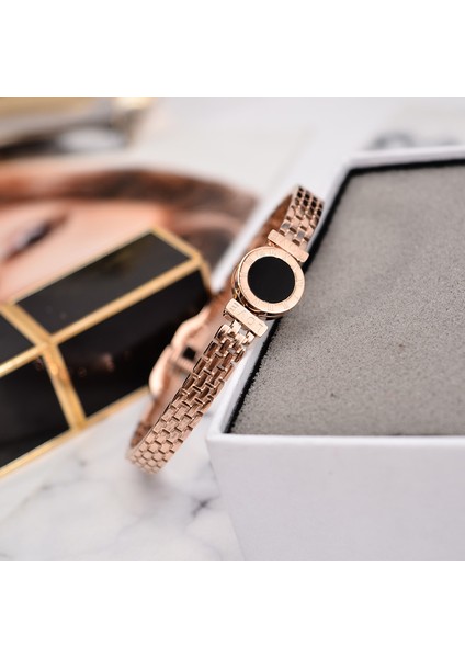 56-58MM Tarzı Altın Gül Yun Ruo Siyah Roma Rakamlı Açık Bilezik Çift Gül Altın Renk Moda Titanyum Çelik Takı Kadın Asla Solmaz (Yurt Dışından)