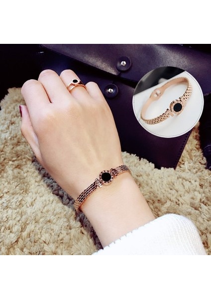 56-58MM Tarzı Altın Gül Yun Ruo Siyah Roma Rakamlı Açık Bilezik Çift Gül Altın Renk Moda Titanyum Çelik Takı Kadın Asla Solmaz (Yurt Dışından) fiyatları