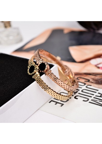 56-58MM Tarzı Altın Gül Yun Ruo Siyah Roma Rakamlı Açık Bilezik Çift Gül Altın Renk Moda Titanyum Çelik Takı Kadın Asla Solmaz (Yurt Dışından) modelleri