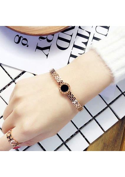 56-58MM Tarzı Altın Gül Yun Ruo Siyah Roma Rakamlı Açık Bilezik Çift Gül Altın Renk Moda Titanyum Çelik Takı Kadın Asla Solmaz (Yurt Dışından) fırsatları