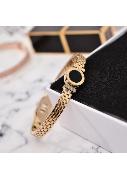 56-58MM Tarzı Altın Gül Yun Ruo Siyah Roma Rakamlı Açık Bilezik Çift Gül Altın Renk Moda Titanyum Çelik Takı Kadın Asla Solmaz (Yurt Dışından) indirimleri