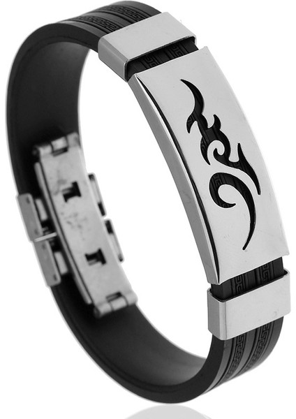 Siyah 2019 Moda Titanyum Çelik Kişilik Ateş Desenli Erkek Siyah Silikon Paslanmaz Çelik Manyetik Toka Bilezik Bileklik Takı (Yurt Dışından)