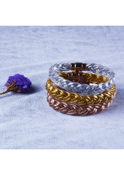 3 Adet Örgü Rainbery El Yapımı Örgü Altın Simli Şarm Sarma Deri Bilezik Kadınlar Kızlar Bilezikler Manyetik Toka Takı Pulseras Mujer (Yurt Dışından)