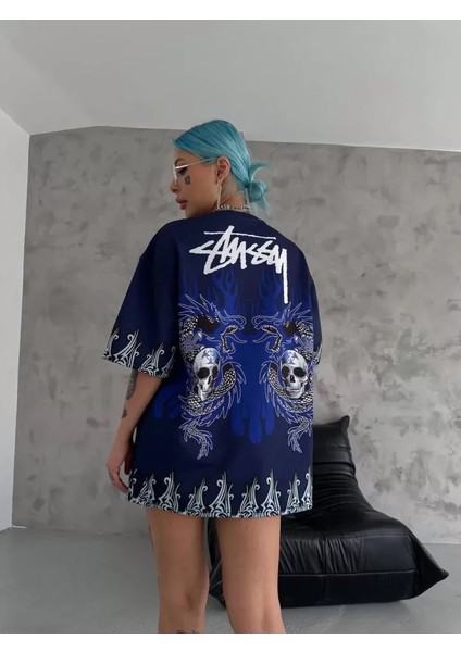 AYDOGANTICARET44 Unisex Bisiklet Yaka Baskılı Oversize T-Shirt - Lacivert
