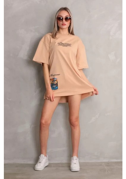AYDOGANTICARET44 Unisex Bisiklet Yaka Baskılı Oversize T-Shirt - Bej