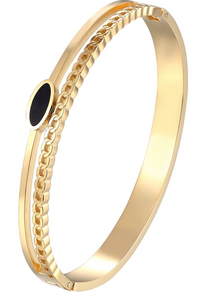 Altın Yaprak ve Oval Siyah Emaye Bilezik Paslanmaz Çelik Altın Renk Kadın Bileklik Takı Femme Hediye (Yurt Dışından)