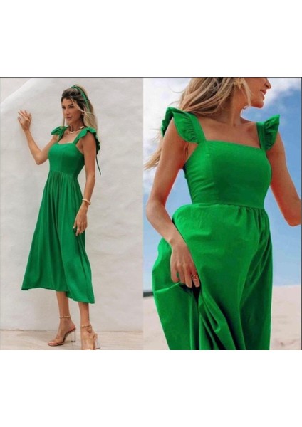 AYDOGANTICARET44 Kadın Poplin Kumaş Kare Yaka Fırfır Askılı Midi Boy Elbise