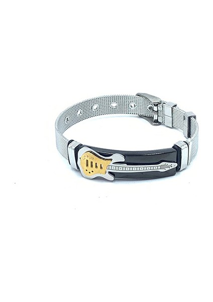 Siyah Usenset Gitar Örgü Bilezik Kayış Yüksek Kaliteli Paslanmaz Çelik Bilezik Punk Takı Erkekler Için Altın Renkli Bilezik (Yurt Dışından)