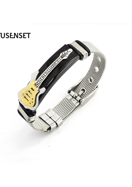Siyah Usenset Gitar Örgü Bilezik Kayış Yüksek Kaliteli Paslanmaz Çelik Bilezik Punk Takı Erkekler Için Altın Renkli Bilezik (Yurt Dışından) fiyatları