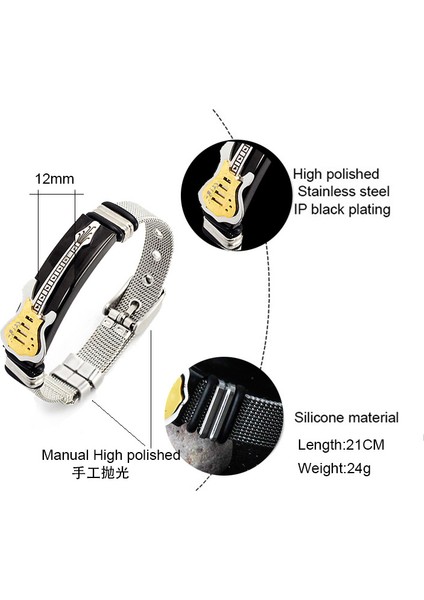 Siyah Usenset Gitar Örgü Bilezik Kayış Yüksek Kaliteli Paslanmaz Çelik Bilezik Punk Takı Erkekler Için Altın Renkli Bilezik (Yurt Dışından) modelleri
