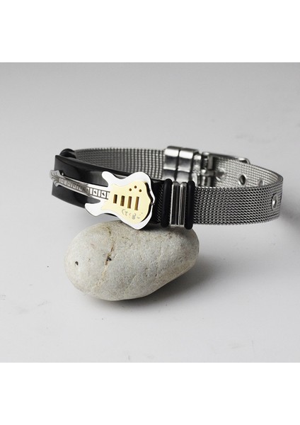 Siyah Usenset Gitar Örgü Bilezik Kayış Yüksek Kaliteli Paslanmaz Çelik Bilezik Punk Takı Erkekler Için Altın Renkli Bilezik (Yurt Dışından) fırsatları