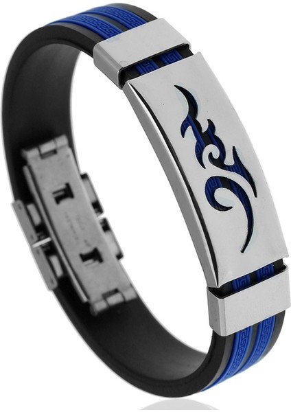 Mavi 2019 Moda Titanyum Çelik Kişilik Ateş Desenli Erkek Siyah Silikon Paslanmaz Çelik Manyetik Toka Bilezik Bileklik Takı (Yurt Dışından)