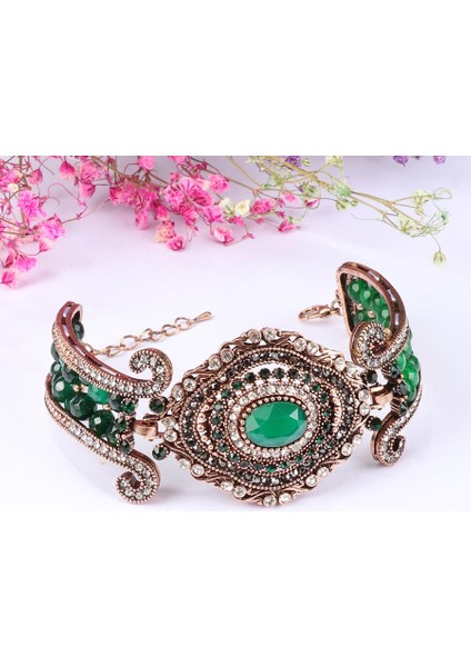 21CM Tarzı Yeşil Kinel Lüks Vintage Büyük Bilezik Yeşil Doğal Taş Kristal Boncuk Bilezik Kadınlar Için Moda Antika Altın Türkiye Takı Hediye (Yurt Dışından)