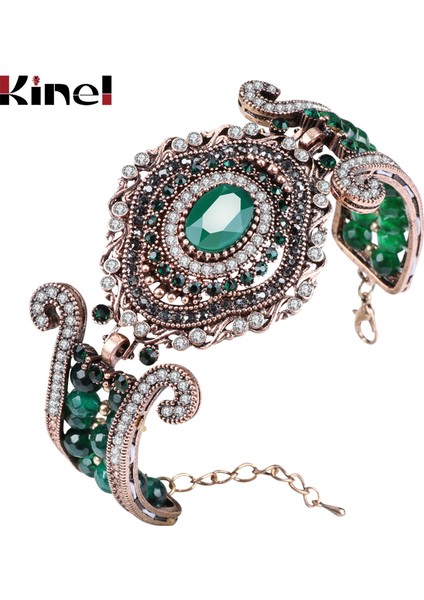 21CM Tarzı Yeşil Kinel Lüks Vintage Büyük Bilezik Yeşil Doğal Taş Kristal Boncuk Bilezik Kadınlar Için Moda Antika Altın Türkiye Takı Hediye (Yurt Dışından) fiyatları