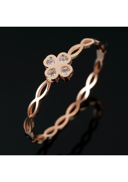 56-58MM Tarzı Gül Altın Rengi Moda Cz Kristal Paslanmaz Çelik Bilezik Bilezik Torsiyon Şeklinde Şanslı Dört Yapraklı Yonca Bilezik Kadın Kızlar Düğün Takı Için (Yurt Dışından)