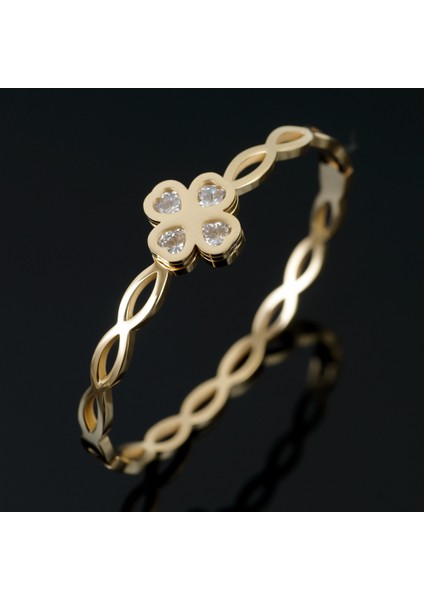 56-58MM Tarzı Gül Altın Rengi Moda Cz Kristal Paslanmaz Çelik Bilezik Bilezik Torsiyon Şeklinde Şanslı Dört Yapraklı Yonca Bilezik Kadın Kızlar Düğün Takı Için (Yurt Dışından) fiyatları