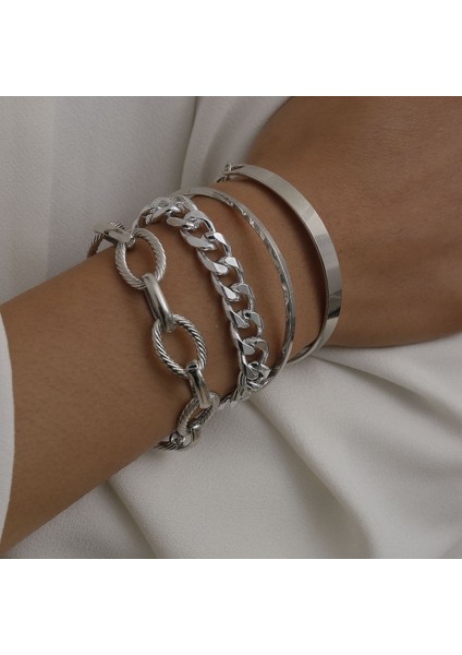 No.3 Boyutu Kadınlar Için Steampunk Küba Zincir Bilezik 4 Parça Miami Boho Stil Kalın Altın Renkli Şans Kolyesi Estetik Bilezik Moda Takı (Yurt Dışından)