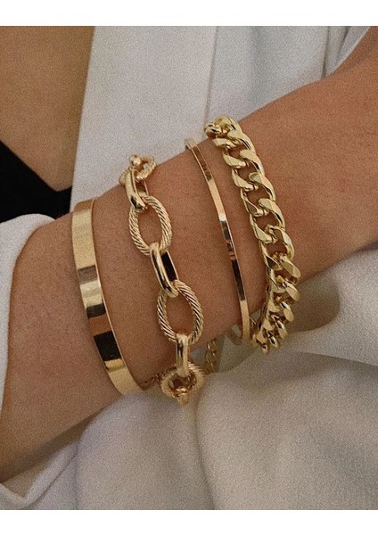 No.3 Boyutu Kadınlar Için Steampunk Küba Zincir Bilezik 4 Parça Miami Boho Stil Kalın Altın Renkli Şans Kolyesi Estetik Bilezik Moda Takı (Yurt Dışından)