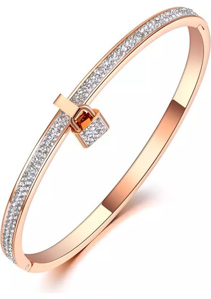 Gül Altın Rengi Kadınlar Için Kristal Kilit Aşıklar Bilezikleri Çift Taşlı Paslanmaz Çelik Titanyum Çift Bilezik Kız Moda Takı (Yurt Dışından)