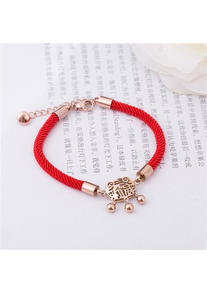 No.14 Boyutu Yeni Kırmızı Halat Bilezik Titanyum Çelik Bakır Sikke Kaldıraç Çift Halka Kadın Bileklik Gül Kaplama Altın Para Çantası Doğum Yılı Hediyesi (Yurt Dışından)