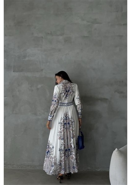 Dipmoda Kadın Beyaz Atlas Kumaş Desenli Elbise DPMS42131 fırsatları