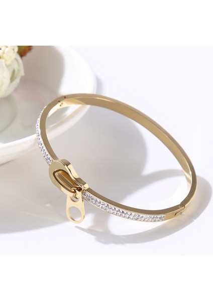 Altın Rengi Kadın Kızlar Için Moda Kristal Paslanmaz Çelik Bilezikler Düğün Romantik Fermuar Tasarımı Takı Şıklık Bilezik (Yurt Dışından)