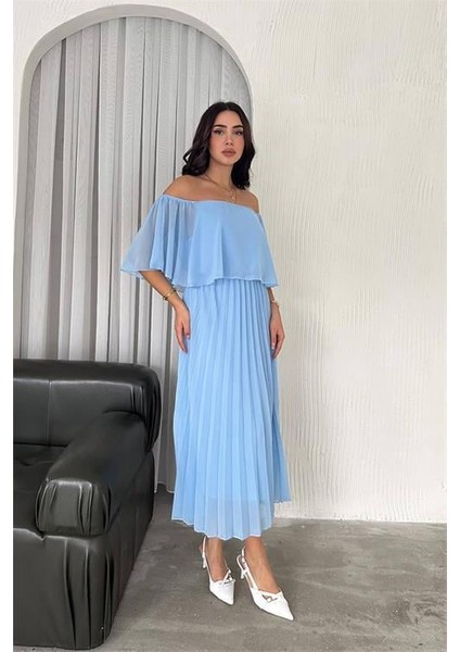 Dipmoda Kadın Madonna Yaka Piliseli Şifon Elbise DPK2099