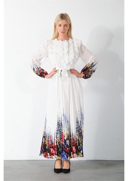 Dipmoda Kadın Beyaz Kuşaklı Tasarım Elbise DPMS42156