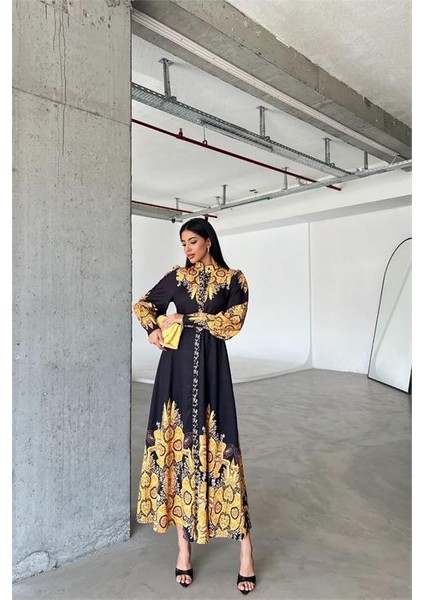 Dipmoda Kadın Siyah Kemerli Tasarım Elbise DPMS4277