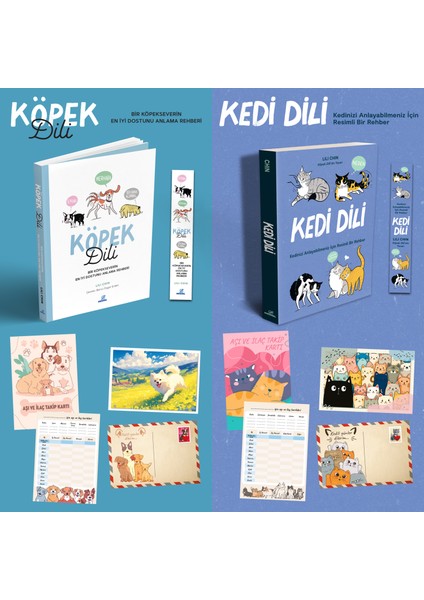 Kedi Dili ve Köpek Dili - Kartpostal - Ayraç - Aşı Takip Kartı - Ikili Set