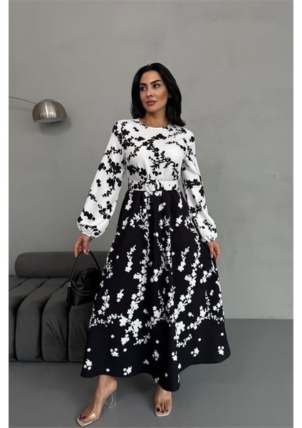 Dipmoda Kadın Desenli Atlas Kumaş Kemerli Elbise DPMS2530