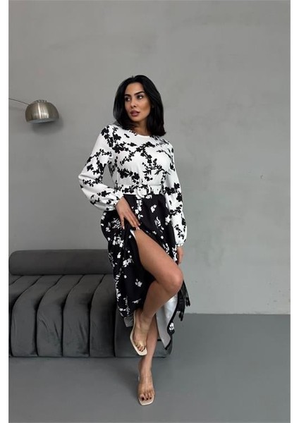 Dipmoda Kadın Desenli Atlas Kumaş Kemerli Elbise DPMS2530 modelleri