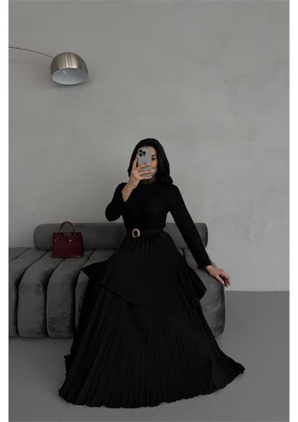 Dipmoda Kadın Krep Kumaş Dantel Detaylı Kemerli Uzun Elbise DPMS2525 modelleri