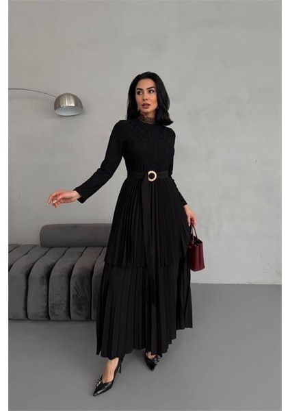 Dipmoda Kadın Krep Kumaş Dantel Detaylı Kemerli Uzun Elbise DPMS2525 fırsatları