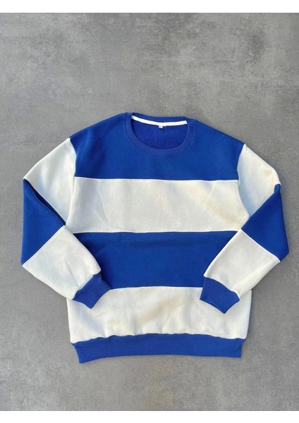 AYDOGANTICARET44 Parçalı Bisiklet Yaka Baskılı Sweatshirt - Mavi
