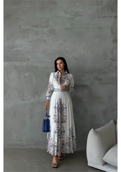 Dipmoda Kadın Beyaz Atlas Kumaş Desenli Elbise DPMS42131 fiyatları