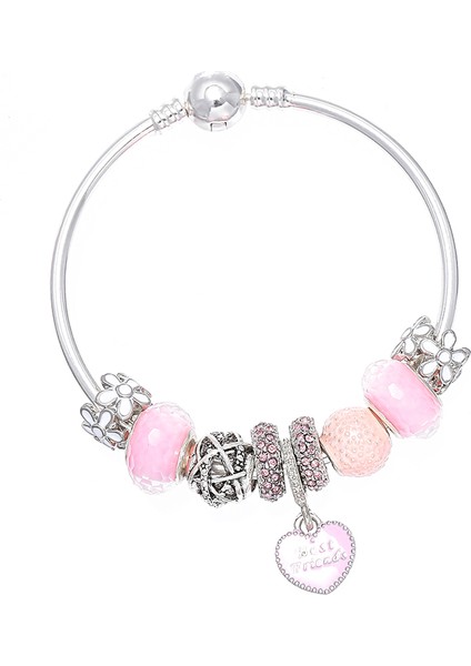 21CM Tarzı Gül Altın Rengi Seıaloy Moda Pembe Kalp Charm Bilezikler ve Boncuklu Yay Avrupa Tarzı Bilezik Kadınlar Için Takı Hediye (Yurt Dışından)