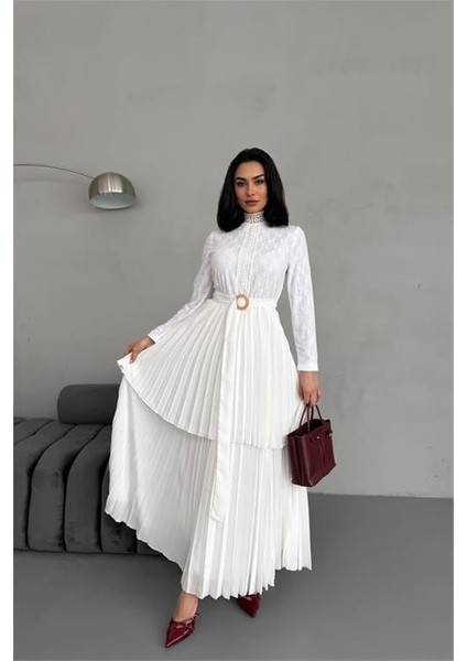 Dipmoda Kadın Krep Kumaş Dantel Detaylı Kemerli Uzun Elbise DPMS2525 fiyatları