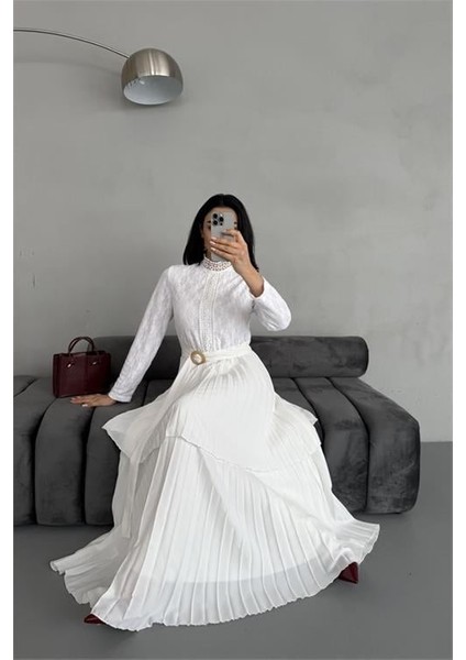 Dipmoda Kadın Krep Kumaş Dantel Detaylı Kemerli Uzun Elbise DPMS2525 modelleri