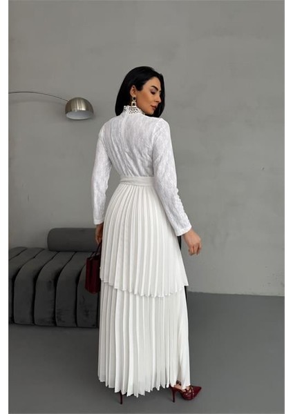 Dipmoda Kadın Krep Kumaş Dantel Detaylı Kemerli Uzun Elbise DPMS2525 fırsatları