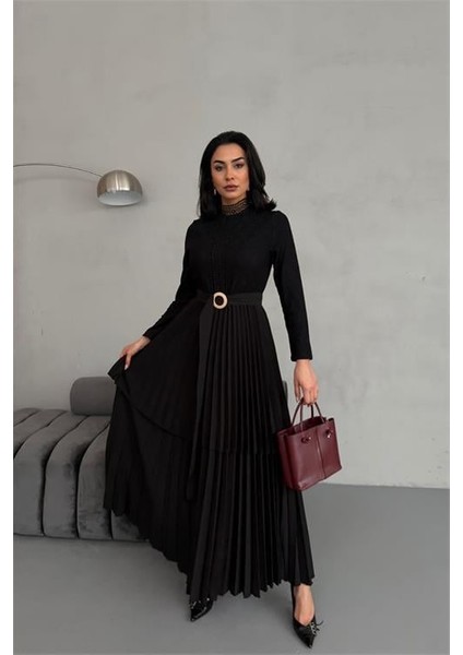 Dipmoda Kadın Krep Kumaş Dantel Detaylı Kemerli Uzun Elbise DPMS2525 fiyatları