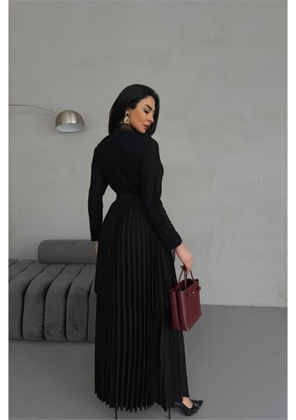 Dipmoda Kadın Krep Kumaş Dantel Detaylı Kemerli Uzun Elbise DPMS2525 indirimleri