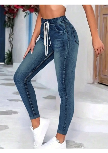 AYDOGANTICARET44 Kadın Belden Bağlamalı Cepli Yüksek Bel Kot Pantolon