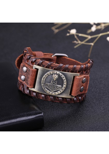 Kahverengi-Bronz Skyrim Thor Çekiç Viking Gerçek Deri Bileklik Erkek Kutsal Koruyucu 24 Nordic Runes Amulet Düğme Snap Slav Bilezik Bilezik (Yurt Dışından) fiyatları
