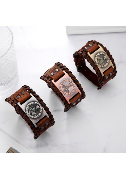 Kahverengi-Bronz Skyrim Thor Çekiç Viking Gerçek Deri Bileklik Erkek Kutsal Koruyucu 24 Nordic Runes Amulet Düğme Snap Slav Bilezik Bilezik (Yurt Dışından) modelleri