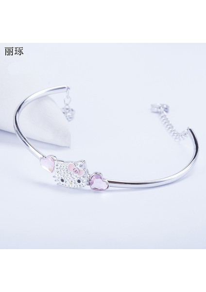 Bileklik Avusturya Taşlı Kitty Pembe Şeftali Kalp Kristal Bileklik Paslanmaz Çelik Titanyum Anti-Bleaching Taklit Alerjiye Uygun Hediye (Yurt Dışından)