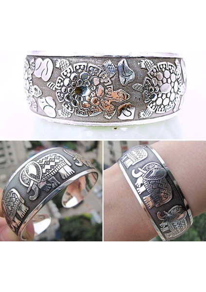 Kaplumbağa Etnik Geniş Bilezik Fil Çiçek Kaplumbağa Totem Tibet Koldan Bilezik Oymalı Retro Kabil Gümüş Metal Bilezikler (Yurt Dışından) indirimleri