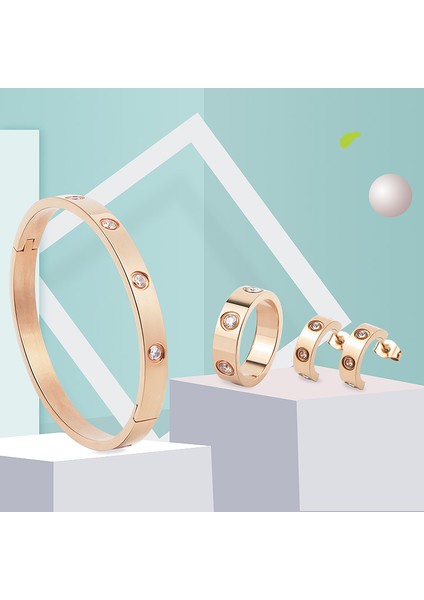 6mm Bilezik Tarzı Gül Altın 6 Kadın Hediye Aşk Bilezik Takı Seti Yüzük Küpe Kristal Bilezik ve Yüzük ve Küpe Takı Seti (Yurt Dışından)